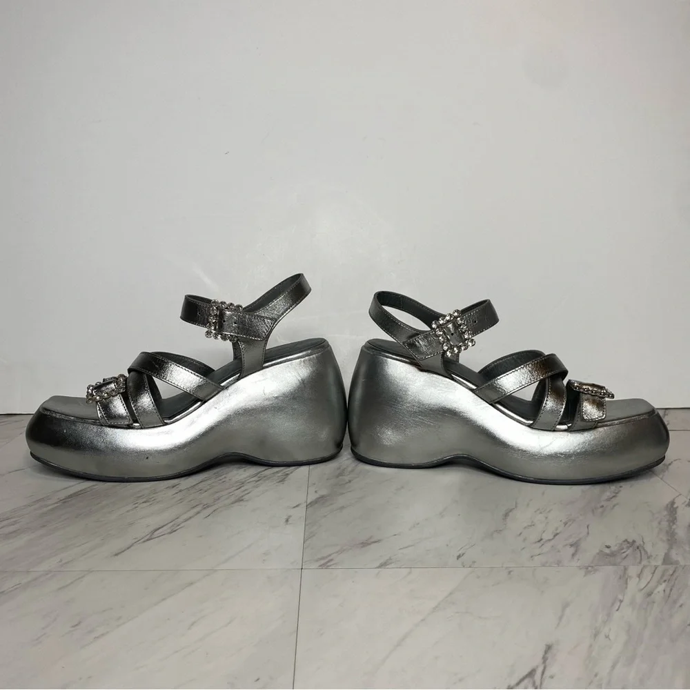 New! Free People Brooklyn Silver Leather Ankle Strap Sandal 9 1/2